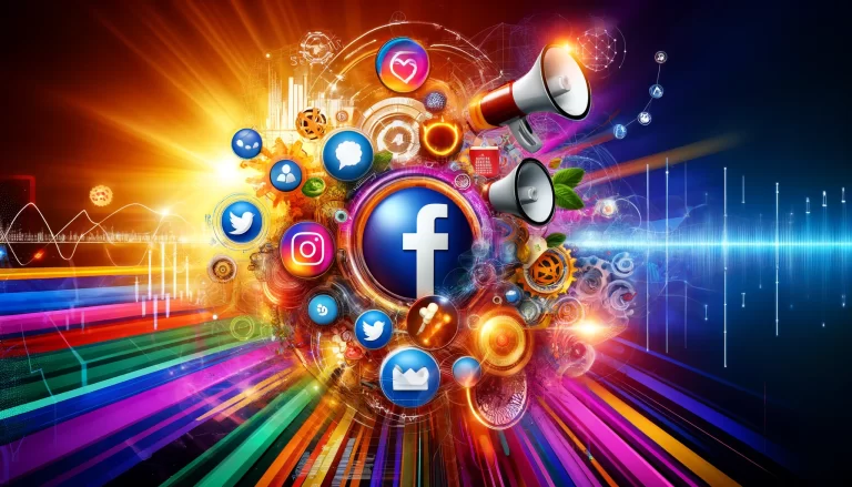 Ein dynamisches, farbenfrohes Bild, das die Wirkung des Social Media Marketings darstellt. Zu sehen sind Symbole beliebter Social-Media-Plattformen wie Facebook, Instagram, Twitter und LinkedIn, kombiniert mit geschäftsbezogenen Grafiken wie Diagrammen, Grafiken und Megaphonen. Das Bild vermittelt Energie und Effektivität des Social Media Marketings und symbolisiert Markenwachstum, Kundenbindung und digitale Konnektivität.